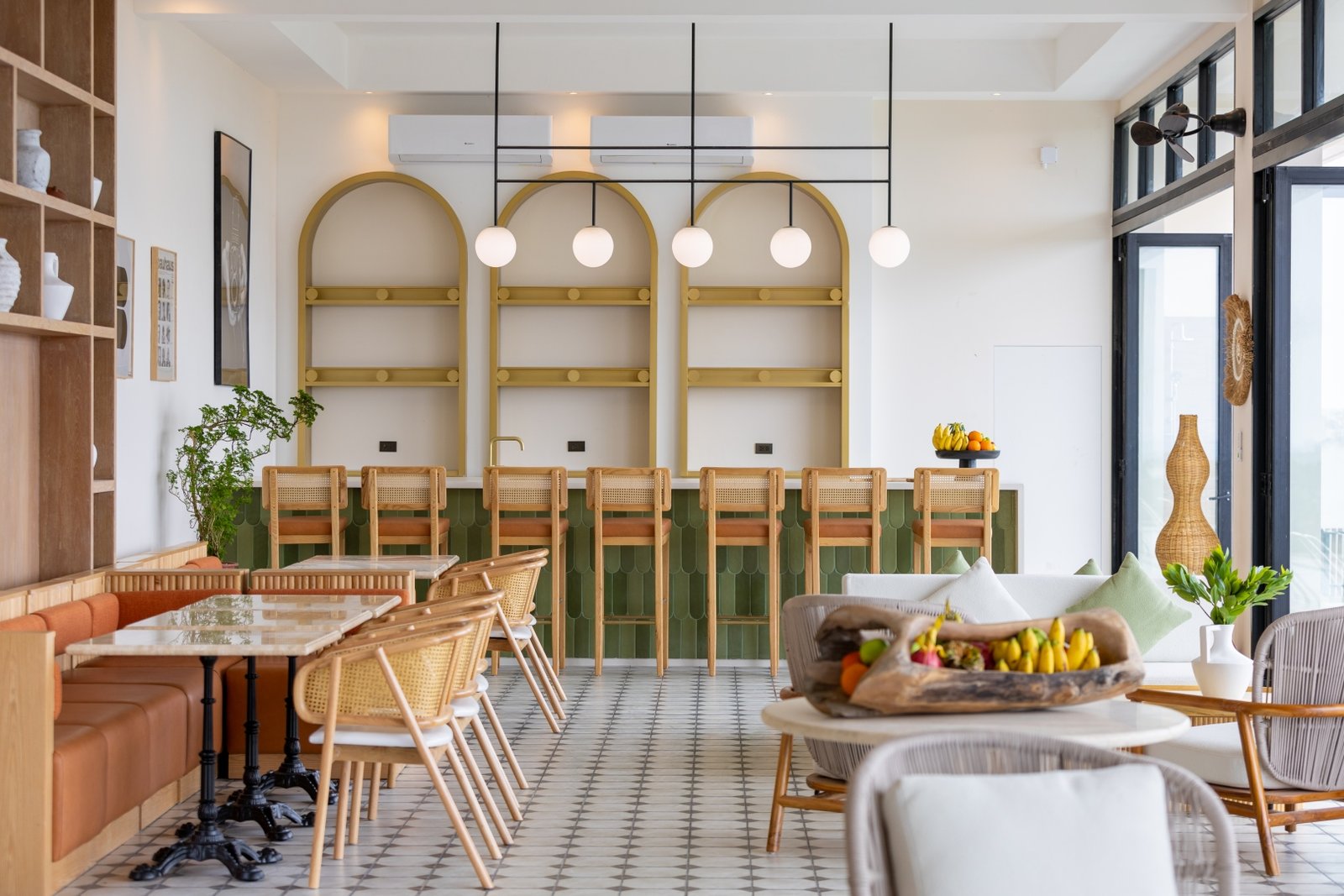 Arched shelving and café tables
