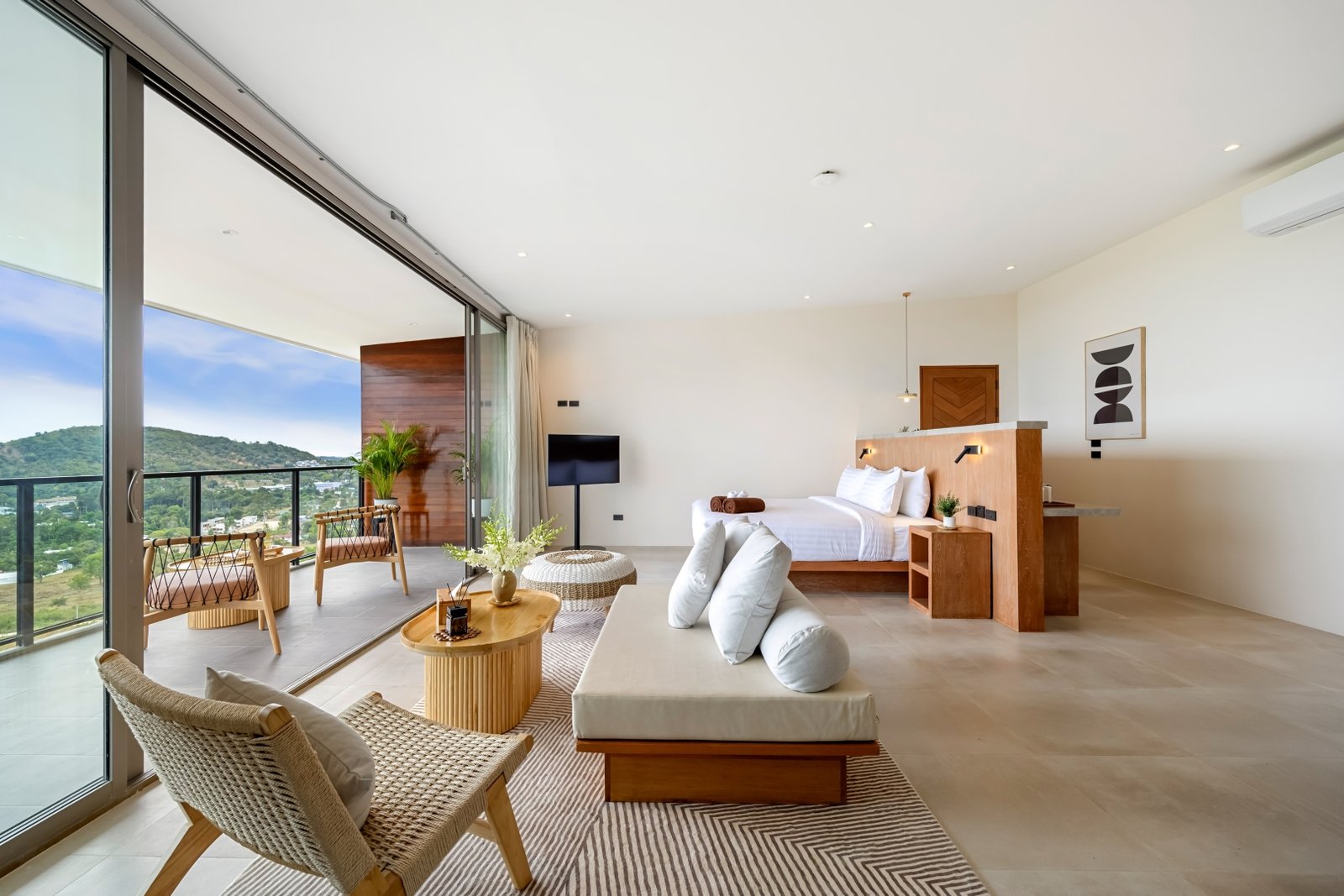 Studio terrace and bed with morning view
