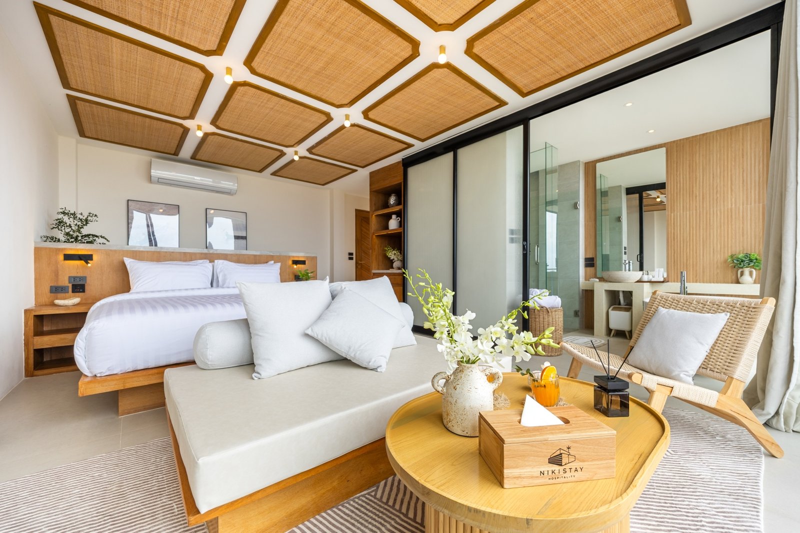 Villa bedroom and lounge in morning light